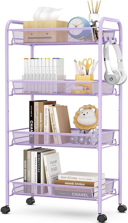 TOOLF 4-Tier Rolling Cart, Metal Utility Cart with 3 Hooks, Easy Assemble Mobile Storage Trolley On Wheels, Metal Shelving Units Kitchen Bathroom Laundry Room