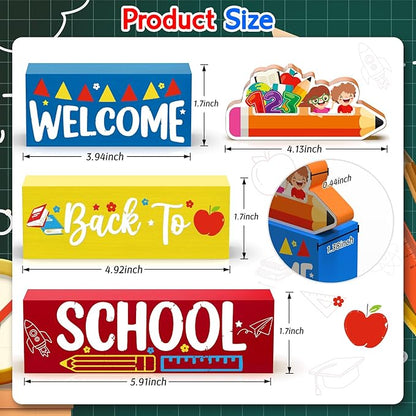Welcome Back to School Table Decorations, 1st Day of School Wooden Block Sign Pencil Centerpieces for Party, The First Day Banner, Classroom Decor for Kids Teacher Desk Gifts, Tiered Tray and TableTop