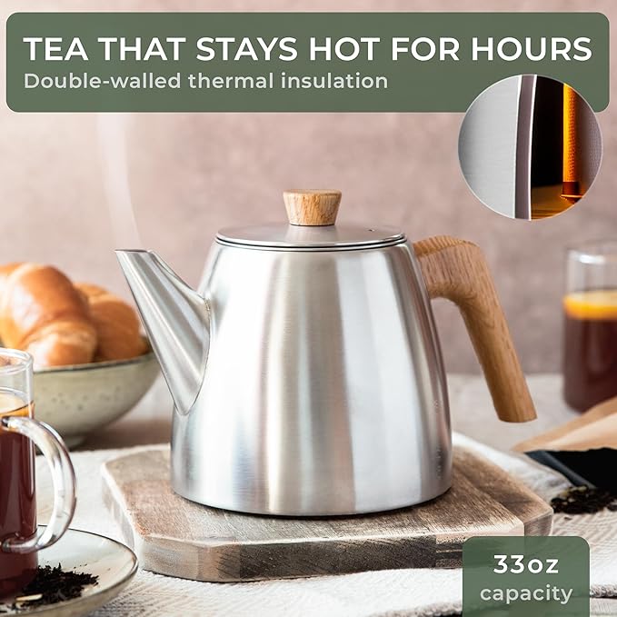 WALDWERK Tea Pot with Infuser - Double Wall Stainless Steel Teapot - Tea Pot with Infuser for Loose Tea - Made from 304 Stainless Steel and Oak Wood - Isolated Teapot with Strainer - 100% Drip Free