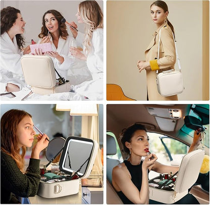 Mocado Travel Makeup Bag with LED Lighted Mirror,Travel Makeup Organizer,Makeup Case with 3 Color Lighted Setting and 10x Magnifying Mirror,Portable Storage and Adjustable Dividers Makeup Box(Beige)