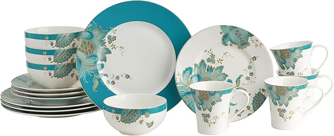 222 Fifth 16-Piece Porcelain Dinnerware Set for 4, Elegant Floral Plates and Bowls Sets-White, Teal, Gold Ceramic Dishes, Chip Resistant Kitchen and Dining Dish Set, Microwave & Dishwasher Safe, Eliza