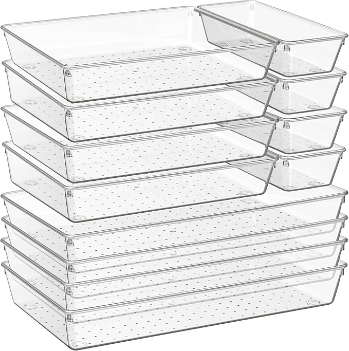 Criusia 12 Pack Large Clear Plastic Drawer Organizer Trays | MULTI-USE Acrylic Drawer Storage for Kitchen, Bathroom, Makeup, Office, School, Undies | College Dorm Room, Home Apartment Essentials