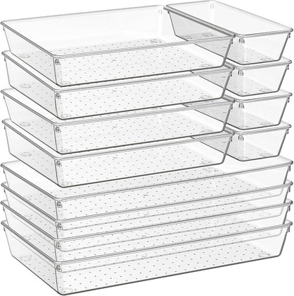 Criusia 12 Pack Large Clear Plastic Drawer Organizer Trays | MULTI-USE Acrylic Drawer Storage for Kitchen, Bathroom, Makeup, Office, School, Undies | College Dorm Room, Home Apartment Essentials