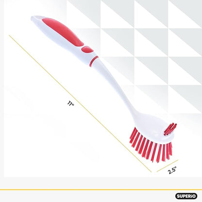Dish Brush with Handle Vegetable Brush Double Sided Cleaning Brush Scrubber Non Scratch Scrub Brushes Kitchen Brush for Cooking, Foods- Fruits/Potatoes/Veggies, Sinks, Bath-Red, Superio