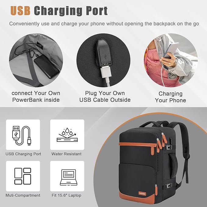 50L Travel Backpack with USB Charging Port, Water-Resistant Carry On Backpack for Men Women, Business Laptop Backpack for Trips & Commutes, Fits 18 Inch Laptop