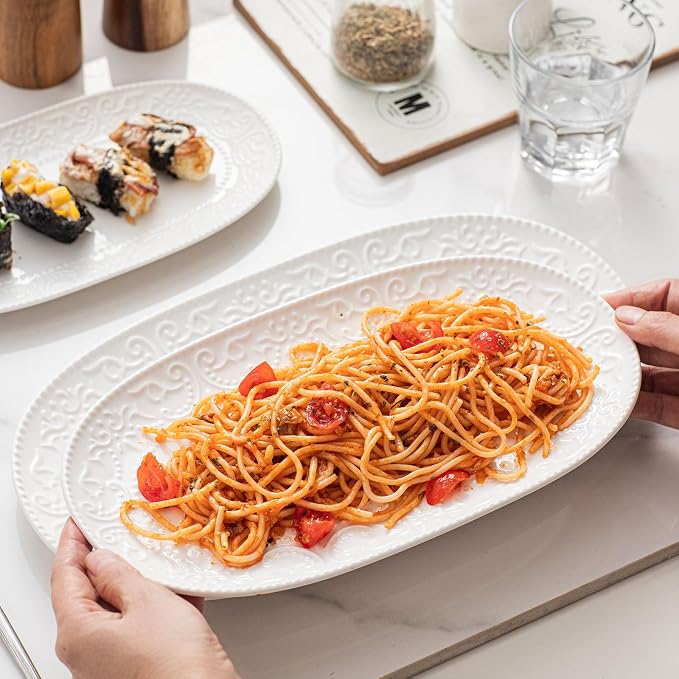 Oval Serving Platter, Embossed White Serving Plates, Stackable Porcelain Tray