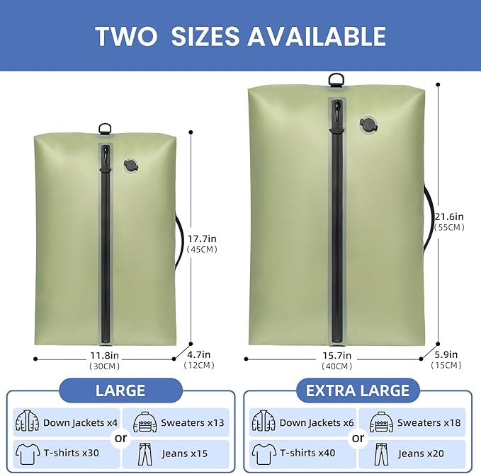 BAGAIL TPU Vacuum Bag for Travel, Reusable Compression Bag with IPX8 Waterproof Zipper, Save Space for Suitcase, Backpack and Carry on (Green, ExtraLarge, With Pump)