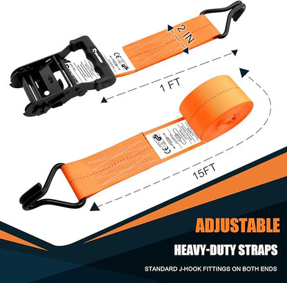 6 Pack 2 inch Ratchet Straps Heavy Duty J Hook 2 in x 15ft with Strong Ratcheting, Cargo Load Tie Down Strap 2200lbs Working Load for Trucks Orange