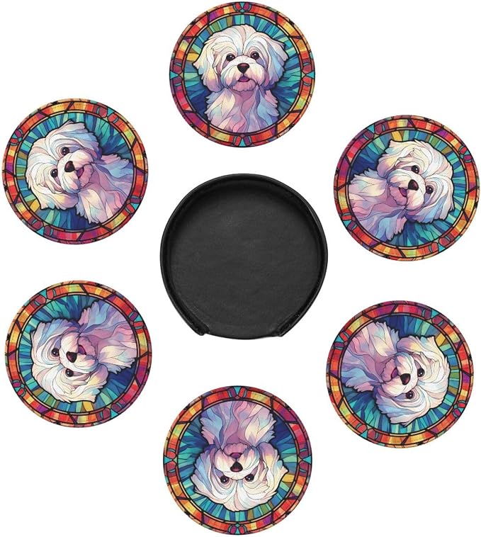 Maltese Stained Dog Breed Glass Art Leather Drinks Coasters