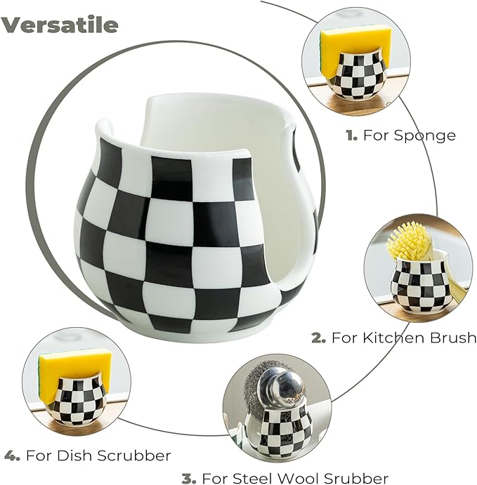 Checkered Sponge Holder for Kitchen Sink, Ceramic Dish Sponge Dish Rack Scrubby Holder Kitchen Organizer Cute Sink Caddy Organizer, Farmhouse Decor, Black and White