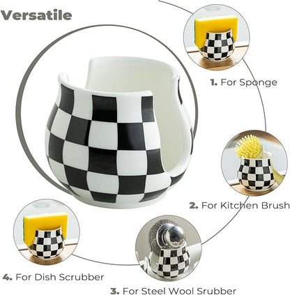 Checkered Sponge Holder for Kitchen Sink, Ceramic Dish Sponge Dish Rack Scrubby Holder Kitchen Organizer Cute Sink Caddy Organizer, Farmhouse Decor, Black and White