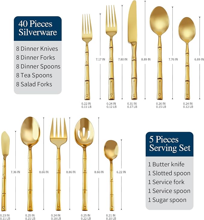 Gold Silverware Set 45-Piece Bamboo Pattern Service