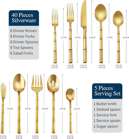 Gold Silverware Set 45-Piece Bamboo Pattern Service