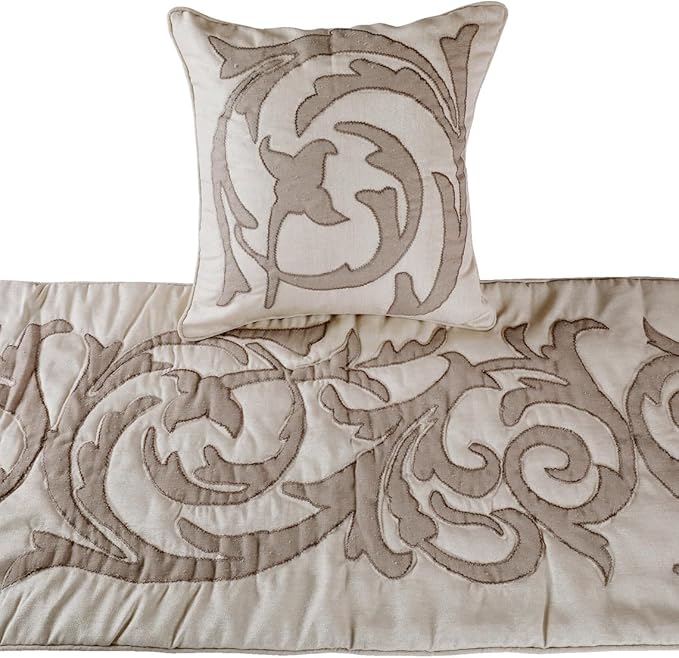 The HomeCentric Luxury Ivory & Beige Twin 53 x 18 inch Bed Runner with Pillow Cover, Linen Lurex Applique Bed Scarf, Abstract Modern - Pretty Dainty