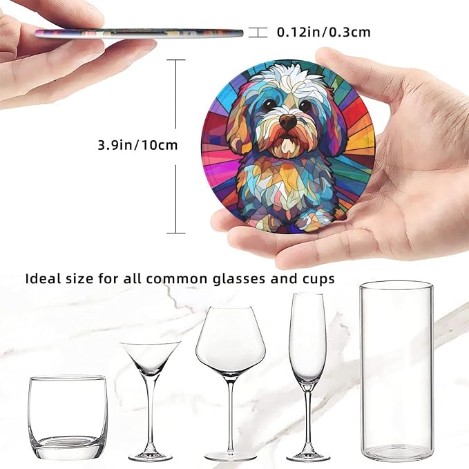 Havanese Stained Dog Breed Glass Art Leather Drinks Coasters