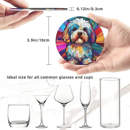 Havanese Stained Dog Breed Glass Art Leather Drinks Coasters