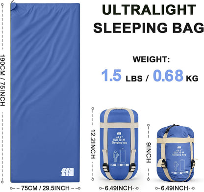 Ultralight Warm Weather Sleeping Bag - Portable, Waterproof, Compact Lightweight, Comfort with Compression Sack - Great for Outdoor Camping, Backpacking & Hiking