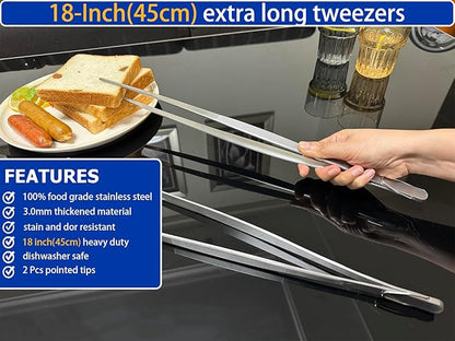 JETKONG 18 Inch (45cm) Extra Long Barbecue Tongs, Heavy Duty Giant Tweezer Tongs for Grilling and BBQ, Set of 2 (Point Tips)