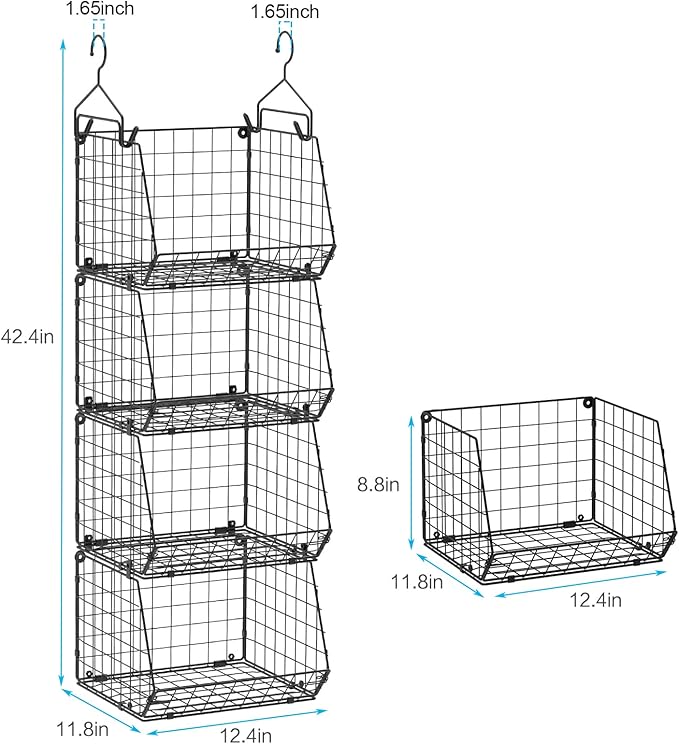 4 Tier Closet Hanging Organizer, Closet Organizers and Storage with 5 S Hooks, Closet Hanging Shelves & Freestanding Wire Storage Basket Bins, for Clothing Shoes Handbags Clutches Accessories Patent