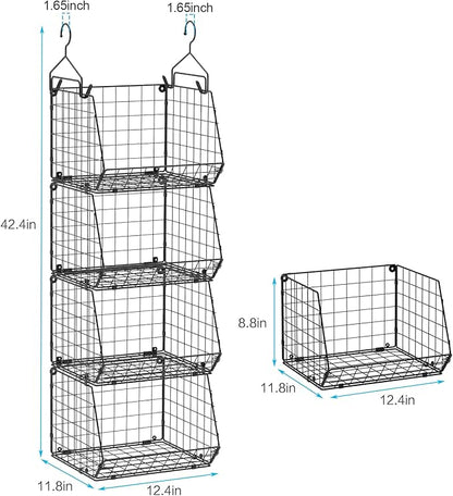 4 Tier Closet Hanging Organizer, Closet Organizers and Storage with 5 S Hooks, Closet Hanging Shelves & Freestanding Wire Storage Basket Bins, for Clothing Shoes Handbags Clutches Accessories Patent