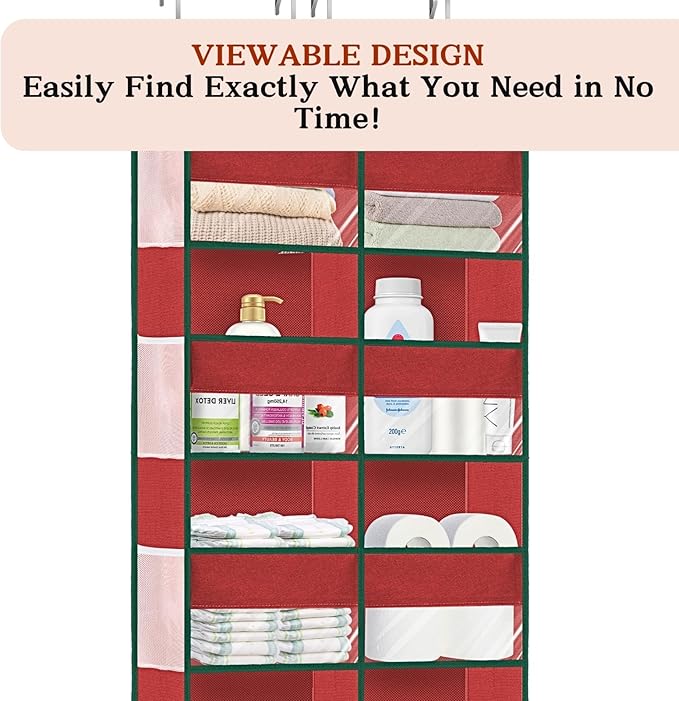 Over The Door Organizer 5 Tiers, Extra Large Behind Door Storage of 10 Compartments, 80 lbs Weight Capacity Hanging Storage Organizer with Clear Window Kids Toys,Shoes,Diapers,Room Storage, Red