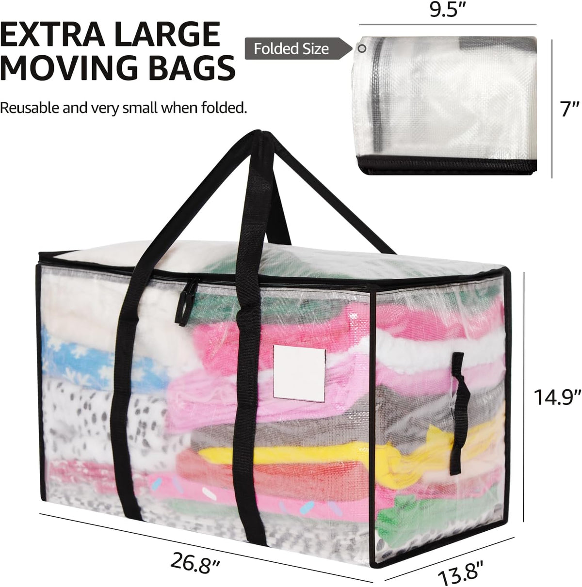 Moving Bags Heavy Duty Extra Large, Alternative for Moving Boxes & Moving Supplies,Clear Storage Bins with Lids, Plastic Packing Tote, Storage Bags for Clothes with Handles & Zippers(Clear, 10 Pack)