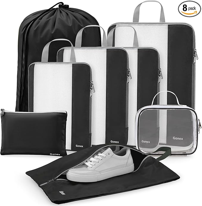 Gonex Expandable Mesh Packing Cubes - 8 Set Compression Organizer for Travel Essentials with Toiletry, Laundry, Shoe & Cable Bags - Black