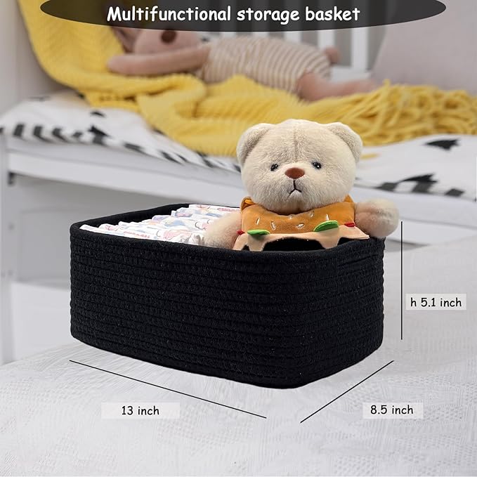 COMFY-HOMI 13" x 8.5" x 5.1" Storage Baskets for Organizing | Cotton Rope Woven Basket | Toy Storage Bin Box | Basket for Shelves, Closet Organizer Bin, Decorative Closet Shelf, 3 Pack, All Black
