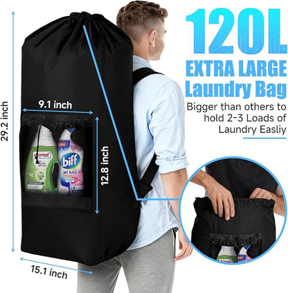 Laundry Backpack,120L Large Backpack Laundry Bag with Adjustable Shoulder Straps and Mesh Pocket, Durable Nylon Travel Laundry Bags Drawstring for College Dorm Essentials Laundromat Apartment Camping