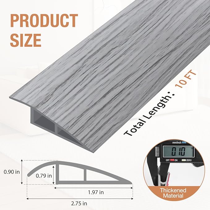 Floor Transition Strip Self Adhesive Vinyl Door Threshold for Doorways Carpet Edging Trim Overlap Edge Reducer for Laminate Floor, Carpet, Tile (Light Gray Wood Grain, 3/5" to 4/5", 10Ft)
