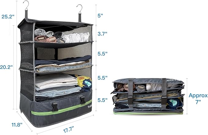 Stow-N-Go Portable Hanging Travel Shelves, Packing Organizer for Luggage. Carry on Closet for Clothes. Expandable Packing Cube. Travel Essentials. Dak Gray - XL