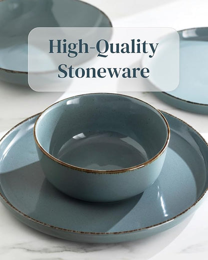 Stoneware dinnerware set 8 persons Rustic 24 pcs - Rustic design dinnerware set, dishwasher safe - Bowl and plate set - Pure Living dinnerware in smoky blue…