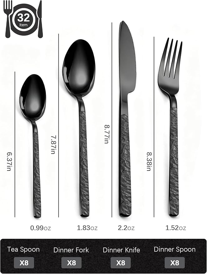 Black Silverware Set for 8 Modern Square Flatware Set Stainless Steel 32 Piece
