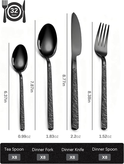 Black Silverware Set for 8 Modern Square Flatware Set Stainless Steel 32 Piece