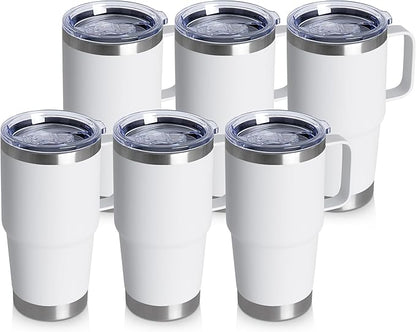 HASLE OUTFITTERS 20oz Tumbler Bulk with Lid, Stainless Steel Tumbler Bulk with Handle, Metal Insulated Travel Coffee Mug Set with Handle, Double Wall Vacuum Leak Proof Tumbler Cup, White 6 Pack