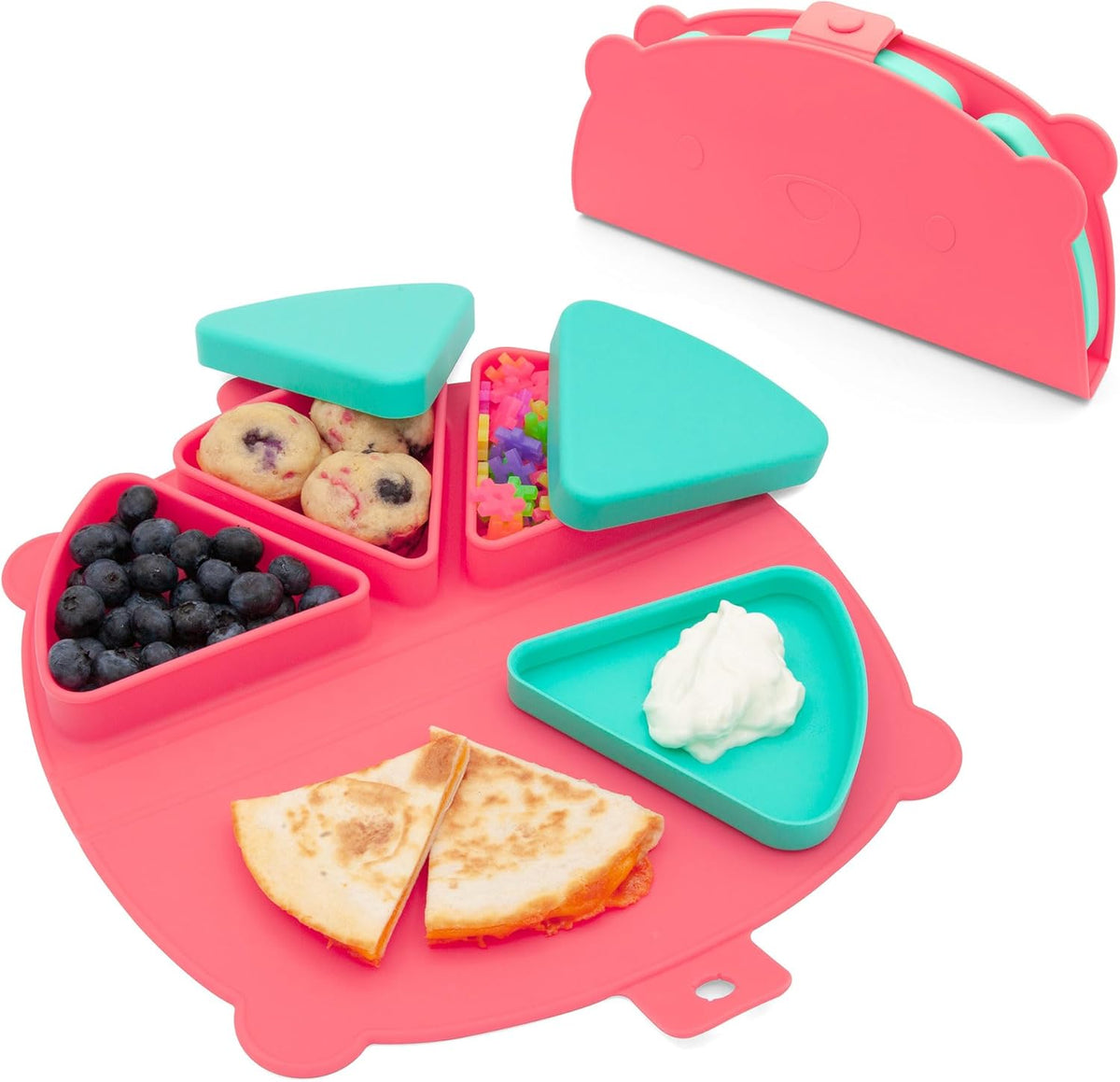 On-The-Go Snack Mat – Baby Silicone Travel Dining Placemat – Portable Silicone Toddler Plate – Reusable Snack Container with 3 Compartments and Lids for 6 Months + (Watermelon)