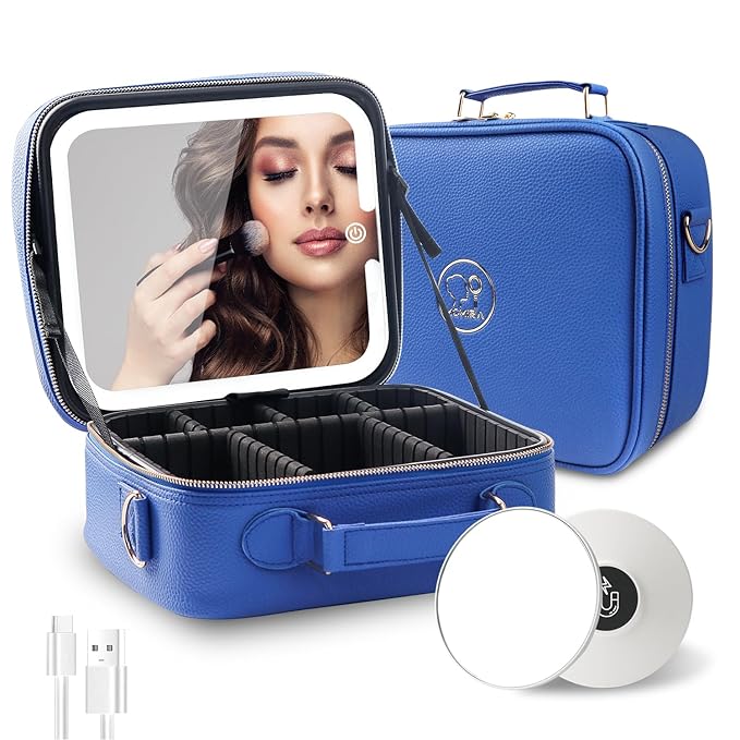 MOMIRA Travel Makeup Bag Cosmetic Bag with Lighted Mirror, Adjustable Brightness in 3 Color Scenarios/Detachable makeup mirror, All-round Upgrade, Waterproof, Gift for Women -Blue