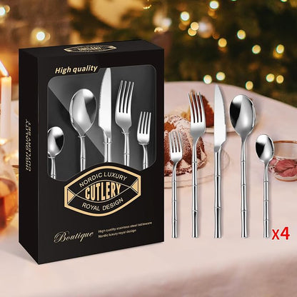 20 Pieces Bamboo Flatware Set Silverware Set Service
