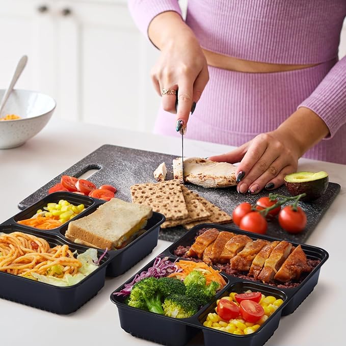 Glotoch 50 Pack (100-Piece) 34oz Meal Prep Containers Reusable with Lids 3-Compartment Containers Microwave, Freezer, Dishwasher Safe - Leakproof Durable To Go Take Out Plastic Food Storage