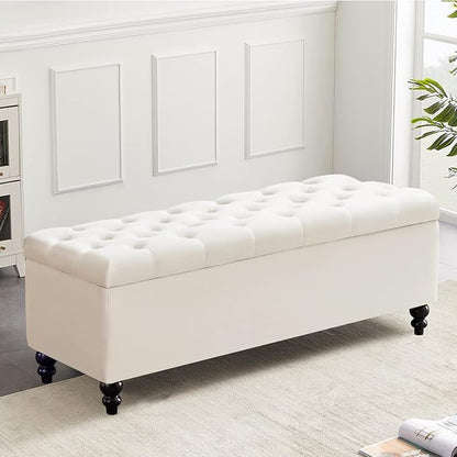 Storage Ottoman 50.2 Inches Upholstered Fabric Storage Ottoman Bench，Button Tufted Ottoman with Storage for Living Room，Bedroom End of Bed Bench Withstands 304lbs (Ivory)