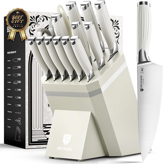 BRODARK Kitchen Knife Set with Block and Sharpener – 15-Piece Ultra Sharp White Knife Set Full Tang Stainless Steel Knife Block Set with Ergonomic Handle – Christmas Gift, Roman Series