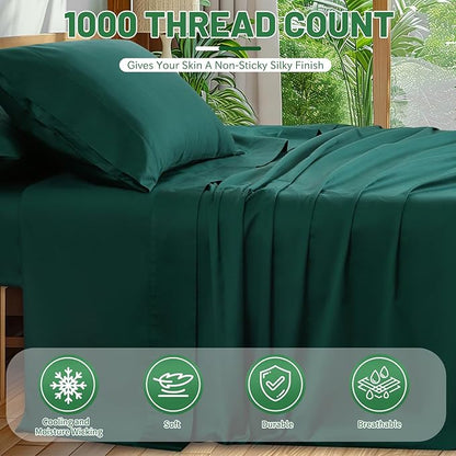 Egyptian Cotton Sheets Full Size 4PCS 1000 Thread Count Sateen Weave Soft Breathable 16-Inch Deep Pocket （Full,Dark Green）