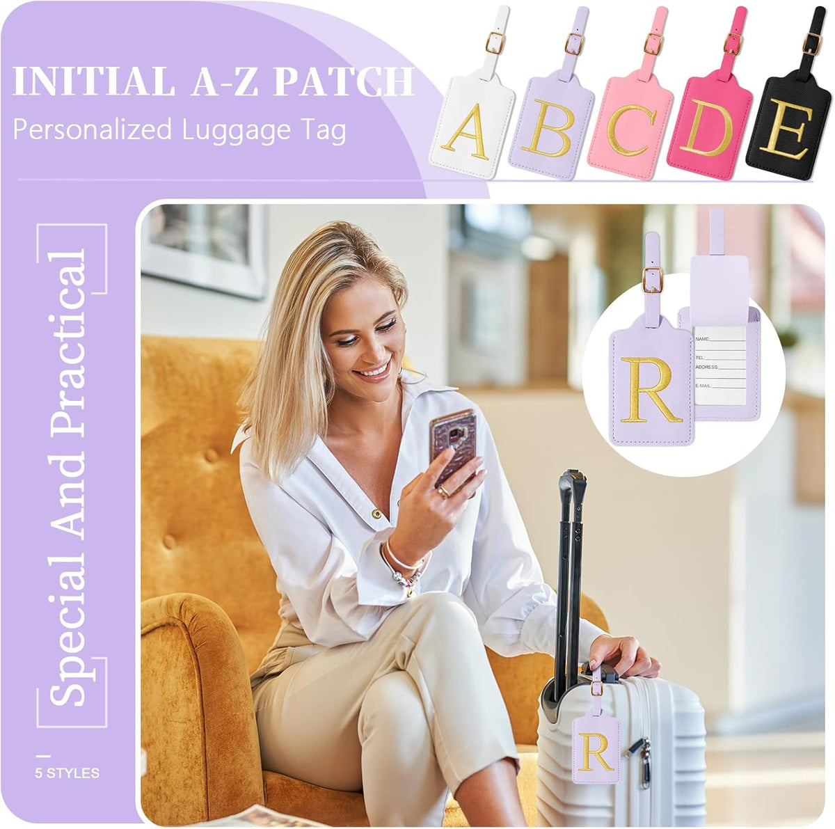 Personalized Initial Luggage Tags for Suitcase, Purple Leather Cute Luggage Tags with Privacy Cover Name Card, Embroidered Custom Monogrammed Luggage Tag Travel Backpack Tags Gifts for Women Kids(R)