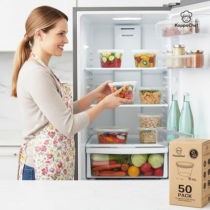 Koppochef 16oz Deli Containers [50 Pack], Leakproof and Durable, Microwave Dishwasher Freezer Safe, Stackable Storage Deli Containers with Lids, BPA Free and Recyclable