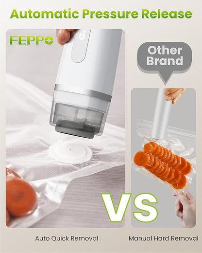 FEPPO Vacuum Sealer for Food with Visible Water Tank, Handheld Saver Compact Vacuum Sealer Machine with 30 Reusable Bags for 6X Preservation & Fresh, White