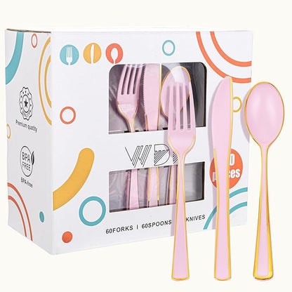 WDF 180 Pieces Pink Plastic Silverware with Gold -Pink Plastic Utensils Set - 60 Guest Pink Cutlery Disposable for Birthday/Party/Wedding