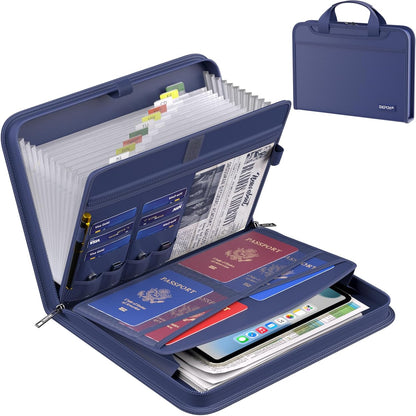ENGPOW Accordion File Organizer,Fireproof Expanding File Folder with Multi Pockets,13 Pockets Document Organizer with Handle & Labels,Portable Home Travel Safe Storage Folder for Letter A4 Files,Blue