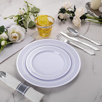 WELLIFE 50 Pack Silver Plastic Silverware, Plastic Cutlery Set Include 50 Forks, 50 Knives, 50 Spoons and 50 Pre Rolled Napkins, Disposable Utensils for Party and Wedding