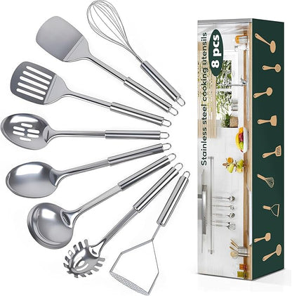 8 Pcs Cooking Utensils Set, Stainless Steel Kitchen Utensils, Heat Resistant Metal Kitchen Tools Include Solid & Slotted Spatula, Serving Spoon, Ladle, Pasta Server,Potato Maseher, Egg Whisk, Silver