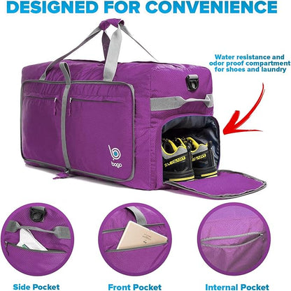 Bago Large Foldable Duffel Bags for Traveling Women & Men - 100L Packable Duffle Bag for Travel with Shoe Compartment - Water Repellant, Heavy Duty, Lightweight Folding & Collapsible (Purple)
